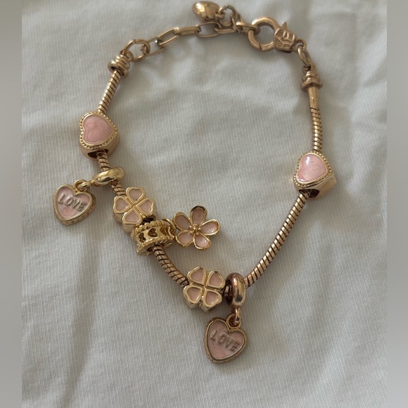 Jewelry - Pink Enamel Charm Bracelet Gold Tone Heart & Floral Bead Bracelet